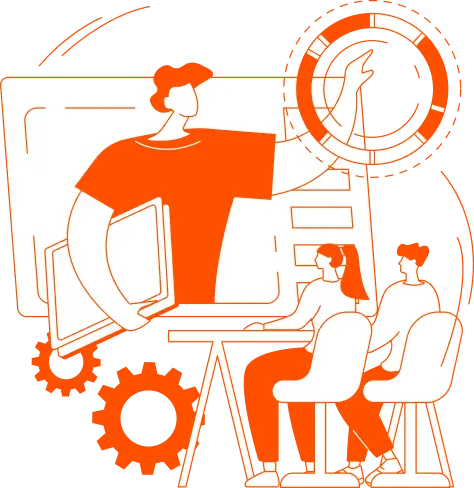 Ilustración de equipo en capacitación tecnológica con gráficos y engranajes en Infosgroup Panamá