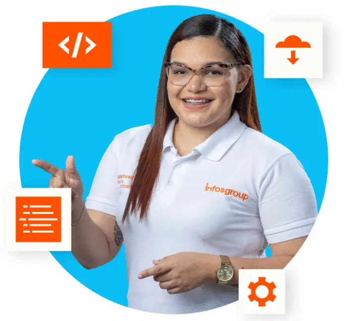 Colaboradora de Infosgroup Panamá con camisa blanca y gráficos tecnológicos alrededor