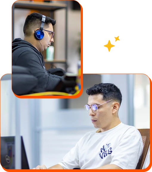 Colaboradores de Infosgroup trabajando en computadoras, uno con audífonos y otro con gafas, enfocados en soluciones tecnológicas