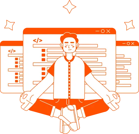 Ilustración de desarrollador en posición de meditación frente a pantallas de código en Infosgroup Panamá