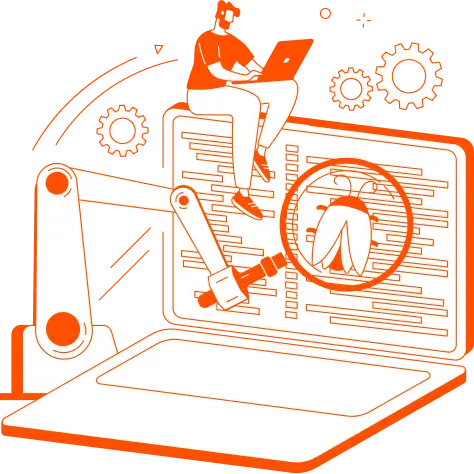 Ilustración de analista detectando errores de software con lupa y engranajes en Infosgroup Panamá