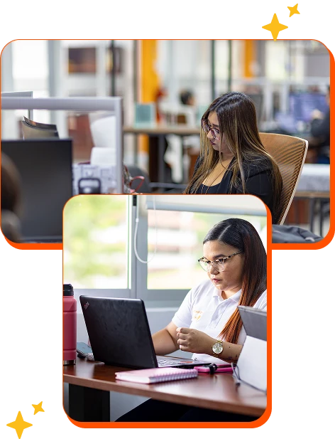 Colaboradoras de Infosgroup trabajando en computadoras portátiles en oficina, enfocadas en soluciones tecnológicas empresariales