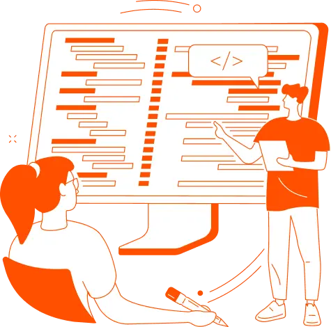 Ilustración de programadores colaborando frente a una pantalla con código en Infosgroup Panamá