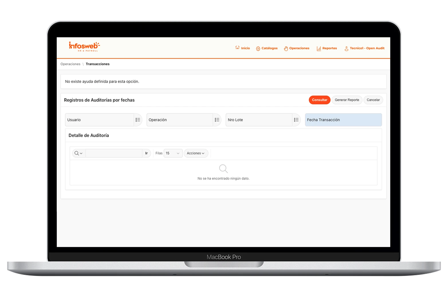 Pantalla de laptop mostrando Infosweb HR & Payroll con módulo de auditoría y registros de transacciones de Infosgroup