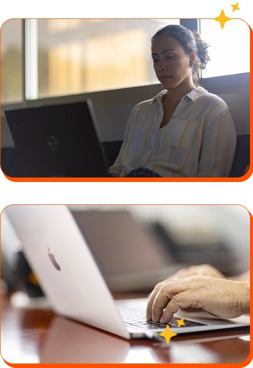 Colaboradora de Infosgroup utilizando laptop y manos escribiendo en computadora MacBook, representando soluciones tecnológicas y trabajo remoto