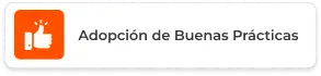 Ícono de pulgar arriba en fondo naranja con texto adopción de buenas prácticas de Infosgroup
