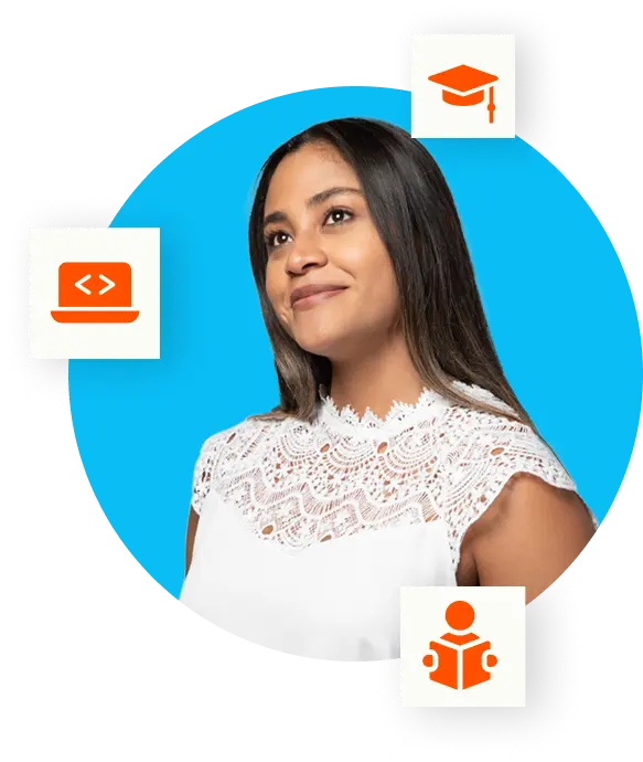 Colaboradora de Infosgroup con íconos de programación, educación y aprendizaje