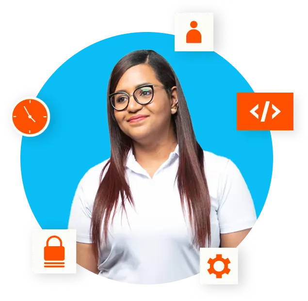 Colaboradora de Infosgroup con íconos de seguridad, programación, reloj y gestión tecnológica