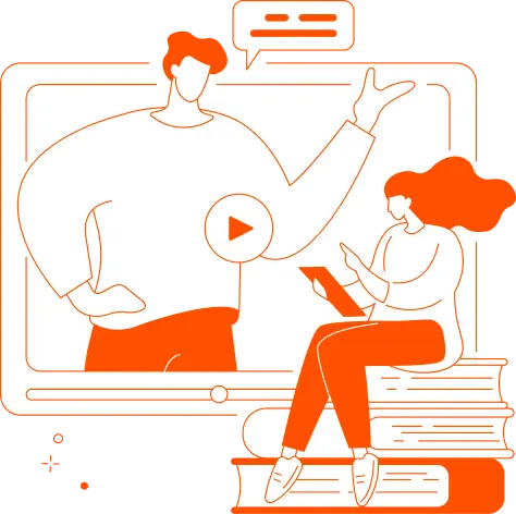 Ilustración de aprendizaje digital con estudiante tomando notas frente a pantalla con instructor y botón de reproducción, estilo Infosgroup