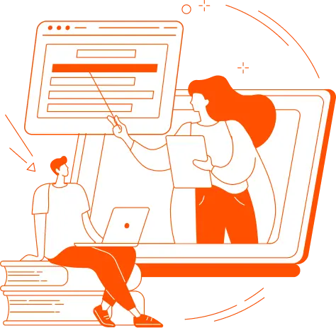 Ilustración de capacitación online con instructora en pantalla y persona tomando notas en laptop, estilo Infosgroup