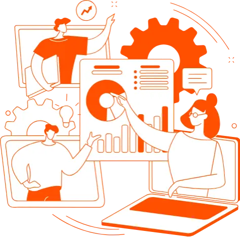 Ilustración de colaboración virtual con personas interactuando en pantallas y analizando gráficos, estilo Infosgroup