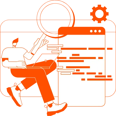 Ilustración de desarrollo de software con persona programando en laptop y pantalla con líneas de código, estilo Infosgroup