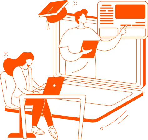 Ilustración de formación virtual con estudiante en laptop y docente explicando en pantalla, estilo Infosgroup
