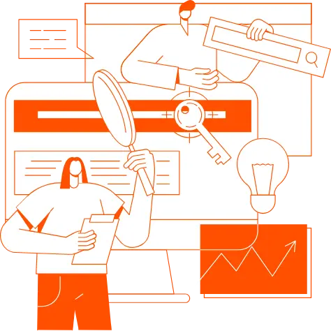 Ilustración de investigación digital con lupa, llave, gráficos y foco de idea, estilo Infosgroup
