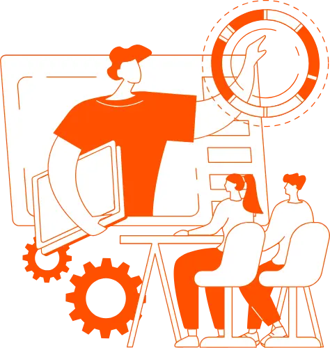 Ilustración de soporte tecnológico con persona ofreciendo ayuda a dos usuarios frente a pantalla, estilo Infosgroup