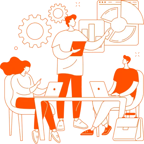 Ilustración de trabajo en equipo con tres personas usando laptops y gráficos de análisis, estilo Infosgroup